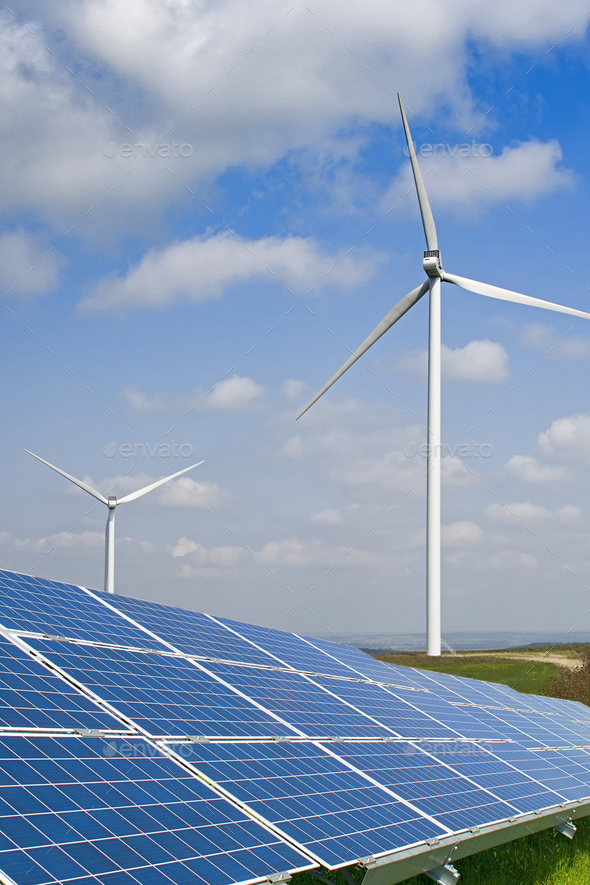 solar panels and wind turbine Stock Photo by perutskyy